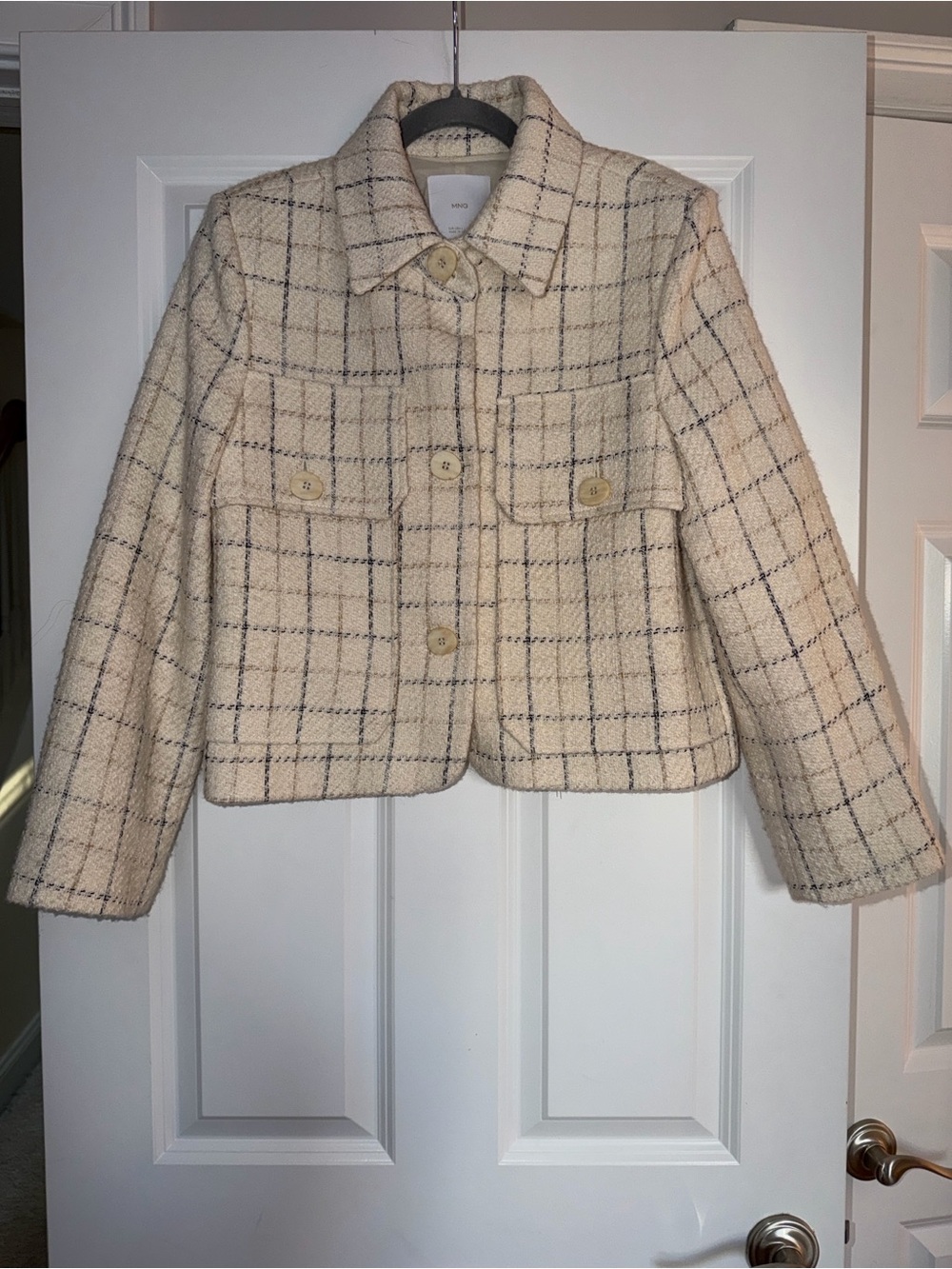 MANGO Cream Plaid Cropped Blazer